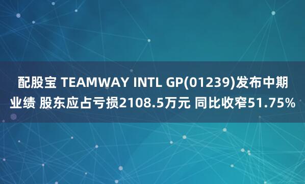 配股宝 TEAMWAY INTL GP(01239)发布中期业绩 股东应占亏损2108.5万元 同比收窄51.75%